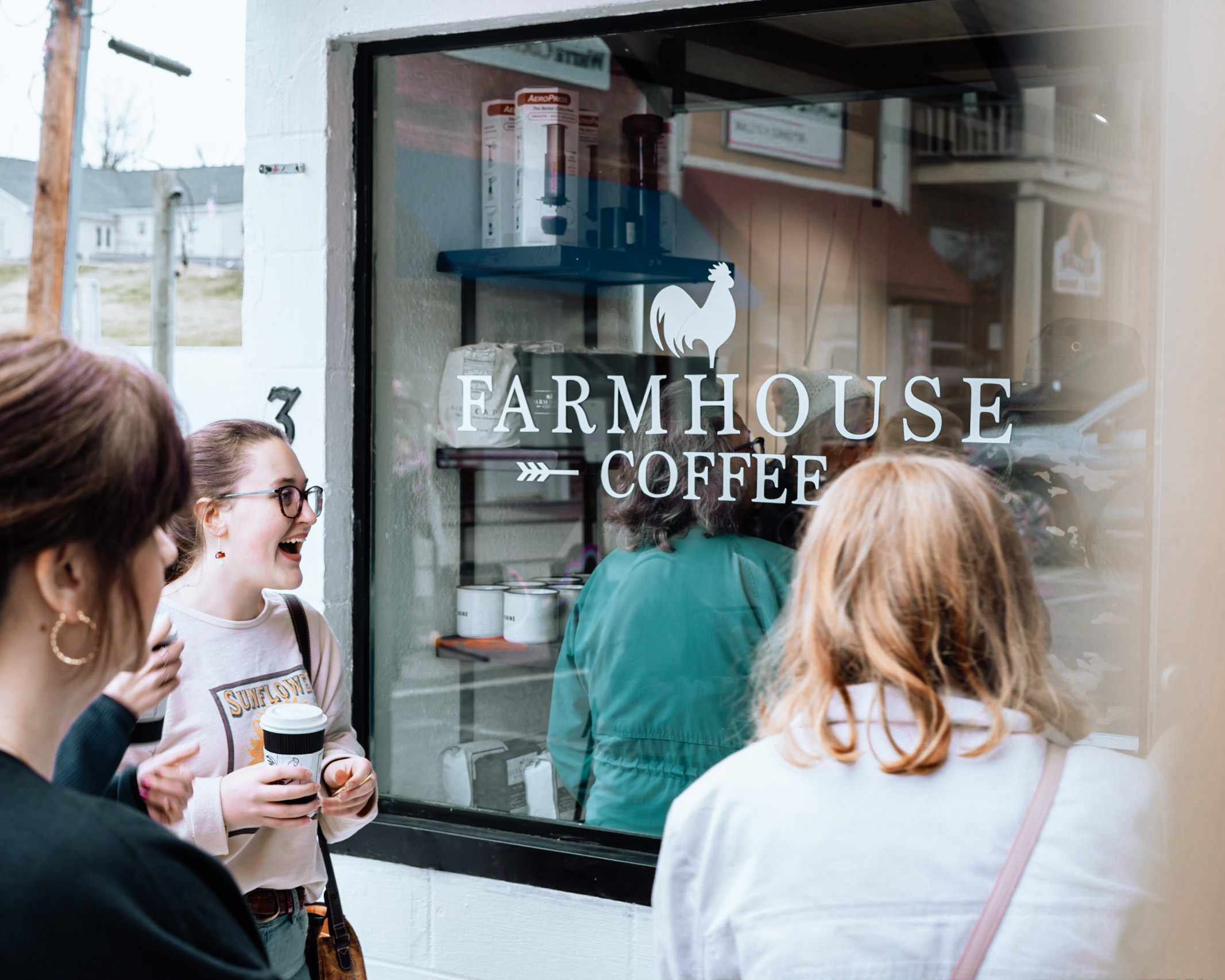 Farmhouse Coffee interior window vinyl with rooster logo