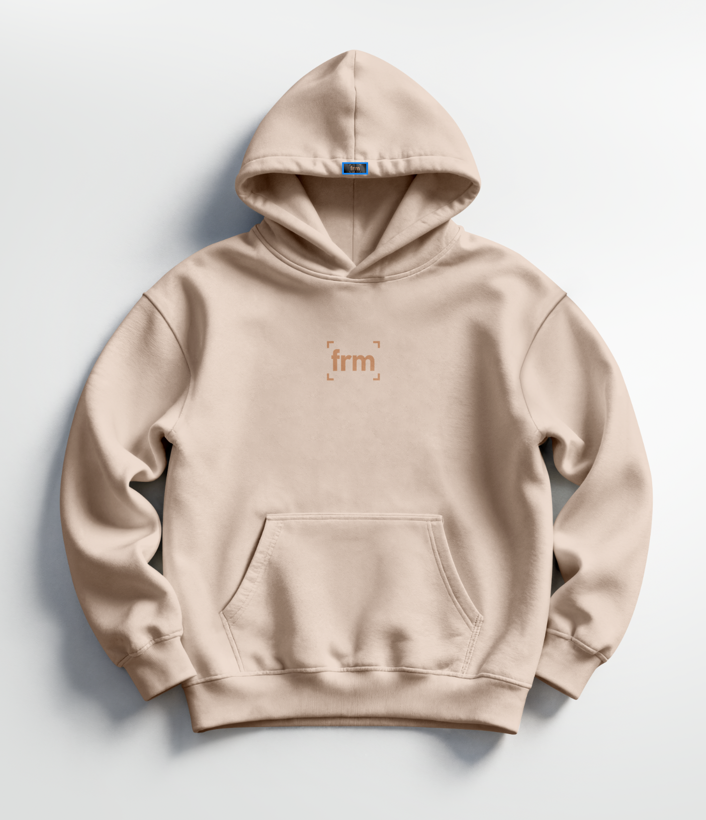 Custom branded sand-colored hoodie with frm logo print